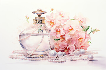 A watercolor painting of a perfume bottle with pearls and flowers