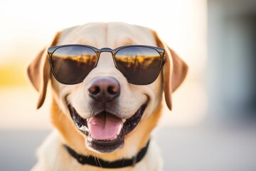 Medium shot portrait photography of a happy labrador retriever wearing a trendy sunglasses against...