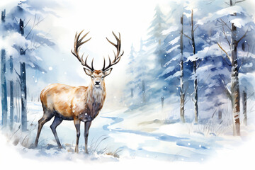 A watercolor painting of a deer in a snowy forest