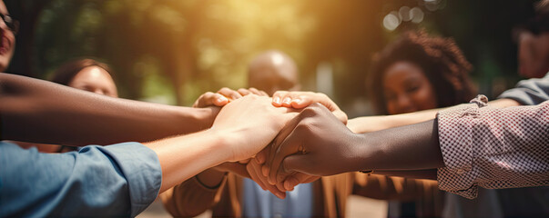 Multiracial group join hands together. People with joined their hands.  Team strenght sign. - obrazy, fototapety, plakaty