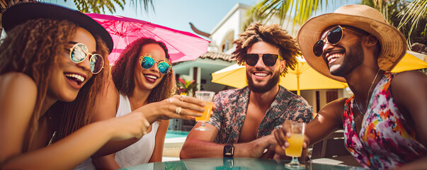 Friends drinking and celebrating on vacation holiday party near water pool. Multiracial people smilling together.