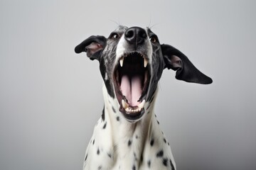 Conceptual portrait photography of a smiling great dane yawning against a minimalist or empty room background. With generative AI technology - obrazy, fototapety, plakaty