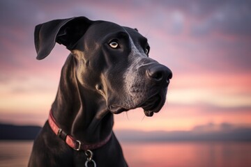 Close-up portrait photography of a funny great dane watching a sunset with the owner against a minimalist or empty room background. With generative AI technology - obrazy, fototapety, plakaty
