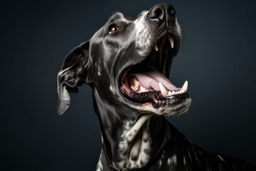 Conceptual portrait photography of a smiling great dane yawning against a minimalist or empty room background. With generative AI technology - obrazy, fototapety, plakaty