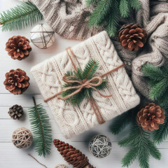 Christmas gift, pine cones, knitted blanket, fir branches on wooden white background with copy space. ai generative