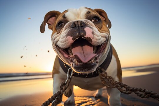 Conceptual portrait photography of a happy bulldog holding a leash in its mouth against a beach background. With generative AI technology