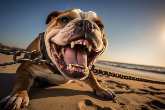 Conceptual portrait photography of a happy bulldog holding a leash in its mouth against a beach background. With generative AI technology