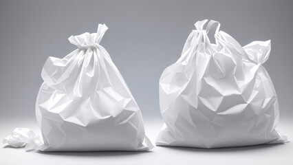 White garbage bags with white background, environmental protection, Earth Day - obrazy, fototapety, plakaty