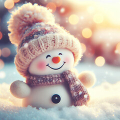 Winter holiday christmas background banner. Closeup of cute funny laughing snowman with wool hat and scarf. ai generative