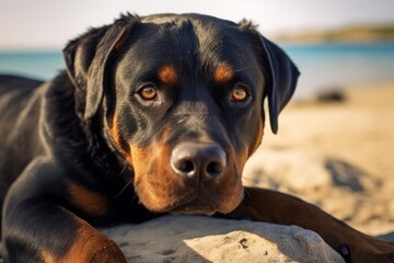 Close-up portrait photography of a curious rottweiler scratching nose against a beach background. With generative AI technology