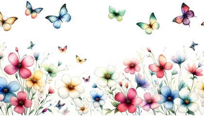 Butterflies and flowers isolated on white background, template, banner