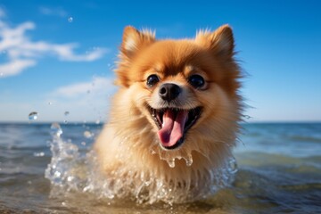 Medium shot portrait photography of a smiling pomeranian shaking off water after swimming against a beach background. With generative AI technology