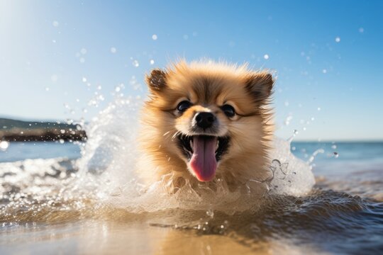 Medium shot portrait photography of a smiling pomeranian shaking off water after swimming against a beach background. With generative AI technology