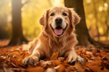 Conceptual portrait photography of a smiling golden retriever having a paw print against an autumn foliage background. With generative AI technology