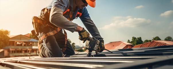 Construction worker on nwe roof. Professional roofer in action.