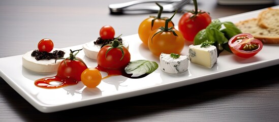 background, a wooden board is adorned with a variety of gourmet ingredients white and black cheese, succulent meat, alongside a vibrant red tomato, all placed on a white porcelain plate, forming an