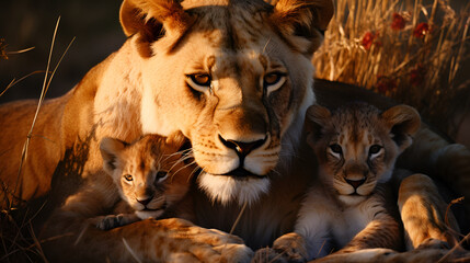 a lion and its children
