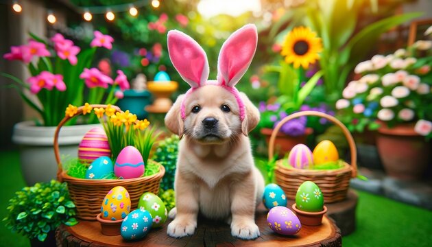  In a sunlit garden, a delightful golden retriever puppy adorned with bunny ears celebrates Easter amid a splendor of painted eggs and springtime flora.Generative AI