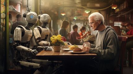 Futuristic Robotic Restaurant Workers Accompany  Lonely Senior Man at his Dinner Out, Compassion, Human-Like Behaviour, Future Geriatric Care, Holistic Social Services, Customer Experience, AI Ethics - obrazy, fototapety, plakaty