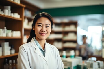 Portrait of a smiling female pharmacist in a pharmacy, generated id