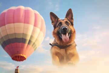 funny german shepherd being in a hot air balloon isolated on a pastel or soft colors background