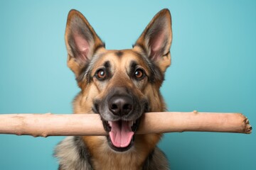 funny german shepherd hiding a bone on a pastel or soft colors background