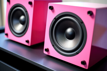 Modern pink powerful audio speaker on yellow background, space for text