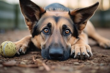 funny german shepherd hiding a bone isolated on a pastel or soft colors background - obrazy, fototapety, plakaty