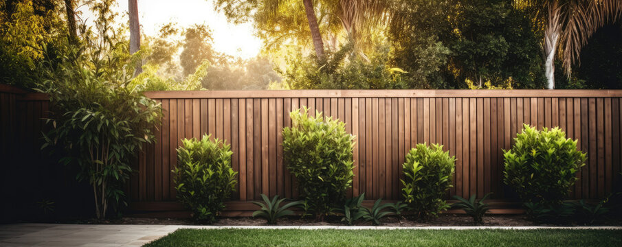 Backyard privacy fence. Fence bulid from wood. Private property.