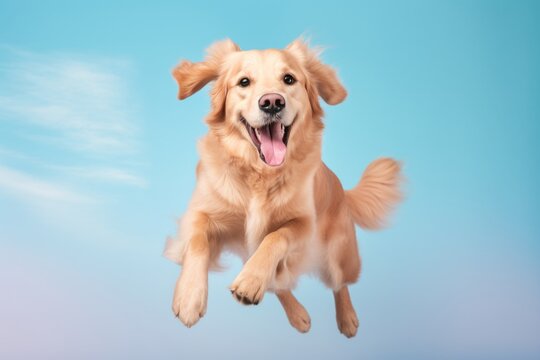 smiling golden retriever jumping over a pastel or soft colors background