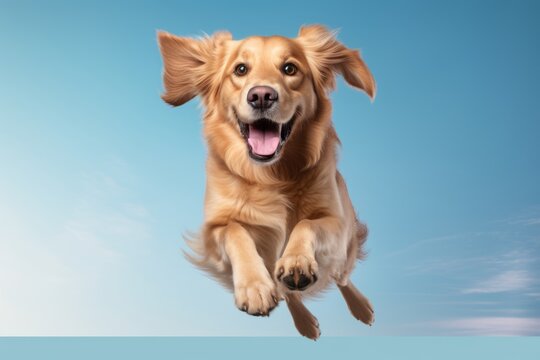 smiling golden retriever jumping on a pastel or soft colors background