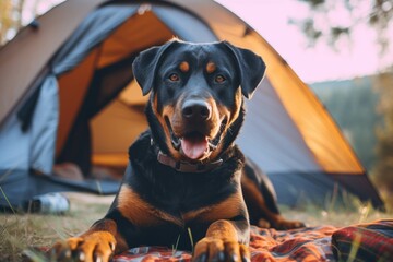 curious rottweiler camping while standing against a pastel or soft colors background