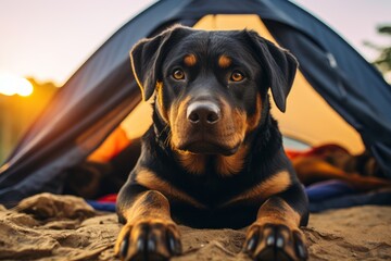curious rottweiler camping in front of a pastel or soft colors background