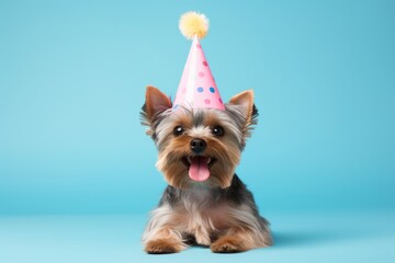 happy yorkshire terrier wearing a birthday hat over a pastel or soft colors background