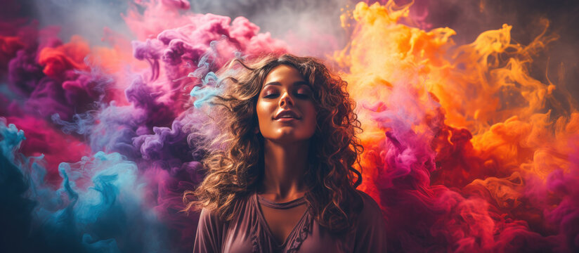 Young Pretty Woman Enveloped in a Whirlwind of Colorful Smoke. Banner