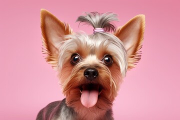 funny yorkshire terrier scratching ears in a pastel or soft colors background