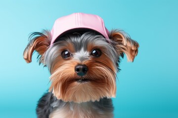 funny yorkshire terrier wearing a cap over a pastel or soft colors background