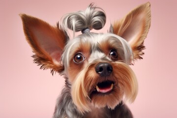 funny yorkshire terrier scratching ears in a pastel or soft colors background
