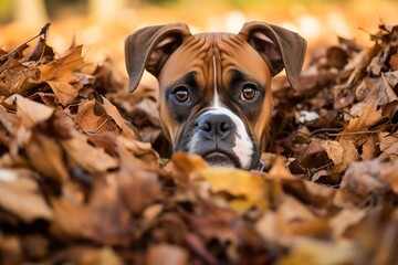 curious boxer dog playing in a pile of leaves over a pastel or soft colors background