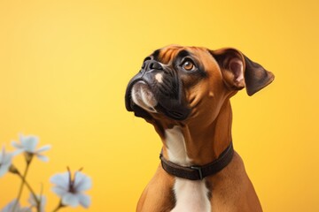 curious boxer dog having a butterfly on its nose in a pastel or soft colors background