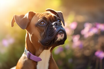 curious boxer dog having a butterfly on its nose in front of a pastel or soft colors background
