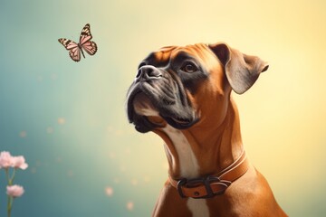 curious boxer dog having a butterfly on its nose on a pastel or soft colors background