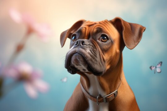 curious boxer dog having a butterfly on its nose over a pastel or soft colors background