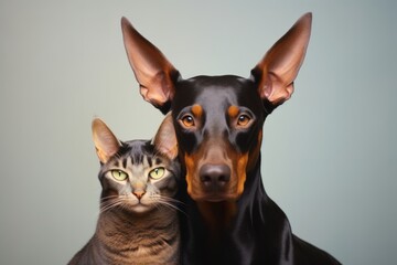 funny doberman pinscher cuddling with a cat while standing against a pastel or soft colors...