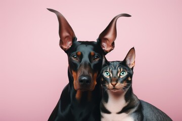 funny doberman pinscher cuddling with a cat isolated on a pastel or soft colors background