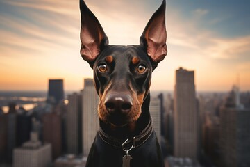 funny doberman pinscher being in front of a city skyline in front of a pastel or soft colors...