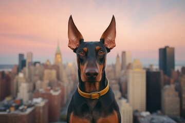 funny doberman pinscher being in front of a city skyline while standing against a pastel or soft...