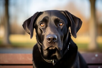curious labrador retriever sitting on a bench on local parks and playgrounds background