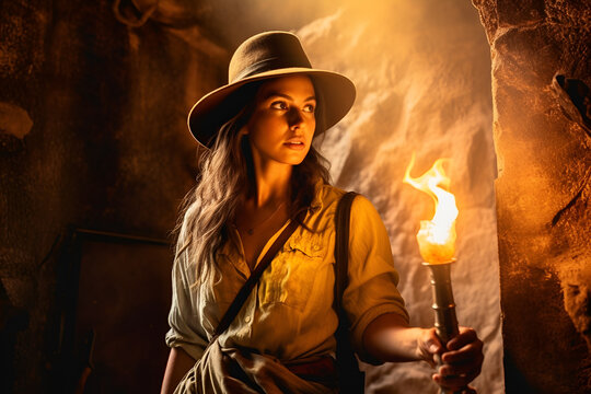 Jeune femme aventurier avec une torche dans un tombeau sombre