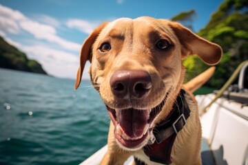 happy labrador retriever sailing on a sailboat isolated in hiking trails background